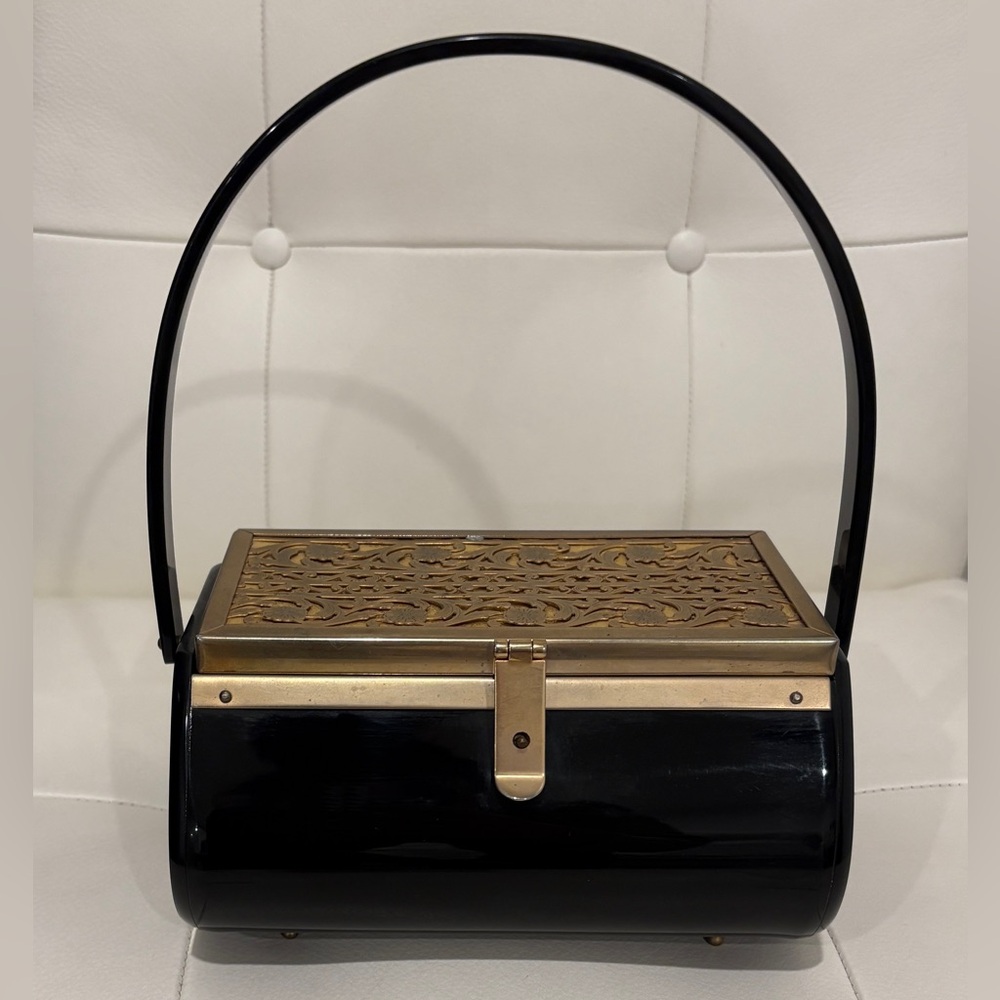 Vintage Black Lucite Brass Foot Filigree Top Mirror Inside Tyrolean Style Purse